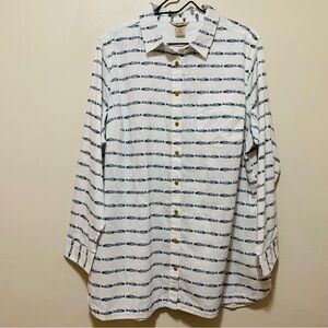 Duluth Trading Co Hemp Blend White Shirt with Blue Fish Print size 1x